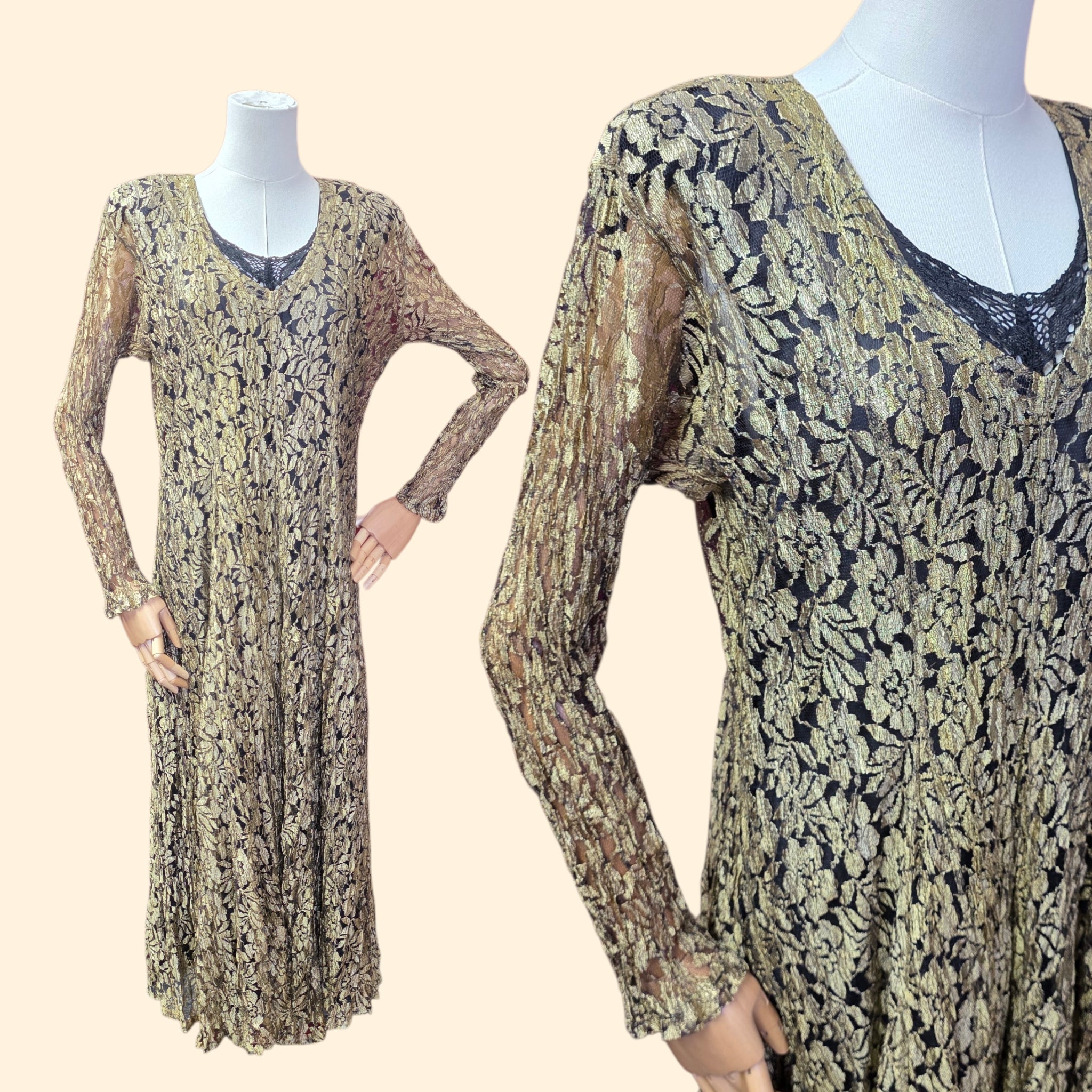 1990s Gold Lace Long Sleeve Maxi Dress ~ Small ~ Boho