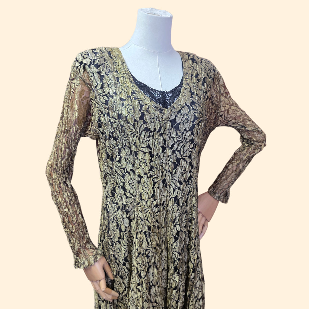1990s Gold Lace Long Sleeve Maxi Dress ~ Small ~ Boho