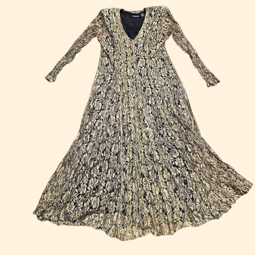 1990s Gold Lace Long Sleeve Maxi Dress ~ Small ~ Boho