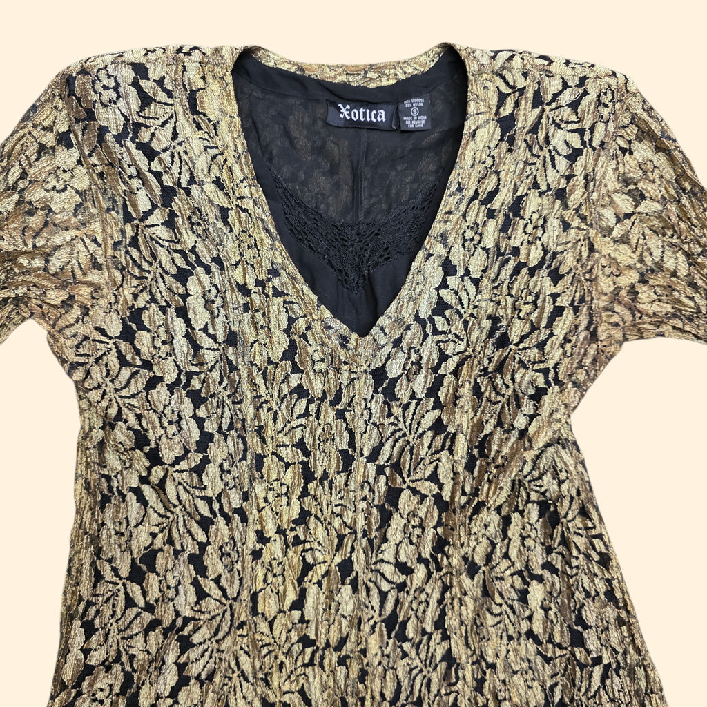 1990s Gold Lace Long Sleeve Maxi Dress ~ Small ~ Boho