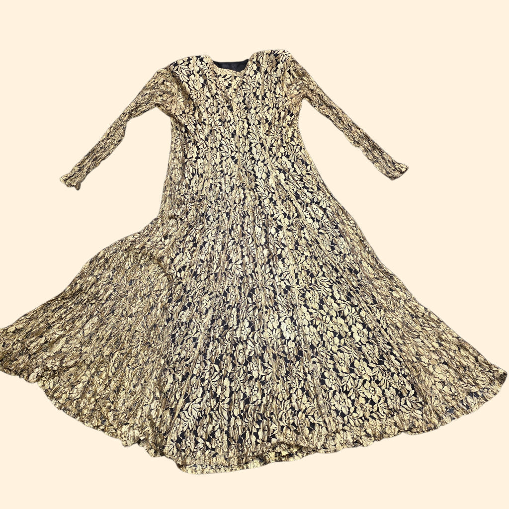 1990s Gold Lace Long Sleeve Maxi Dress ~ Small ~ Boho