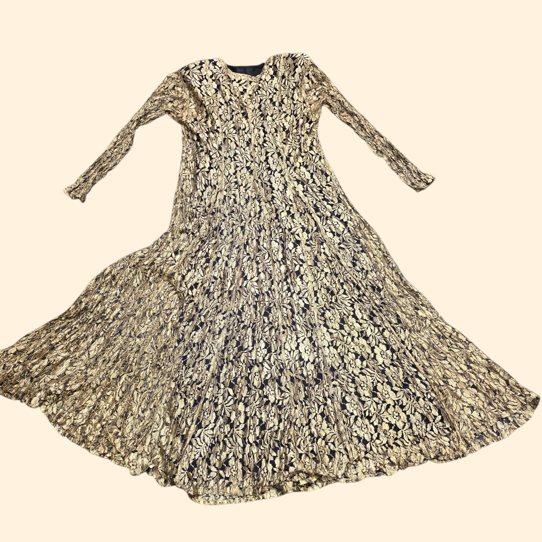 1990s Gold Lace Long Sleeve Maxi Dress ~ Small ~ Boho