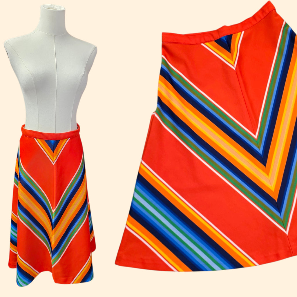 1970s Orange Chevron A-Line Midi Skirt ~ Small