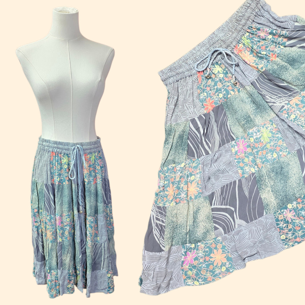 1990s Patchwork Rayon Midi Skirt ~ One Size Fits Most ~ Boho Hippie Festival