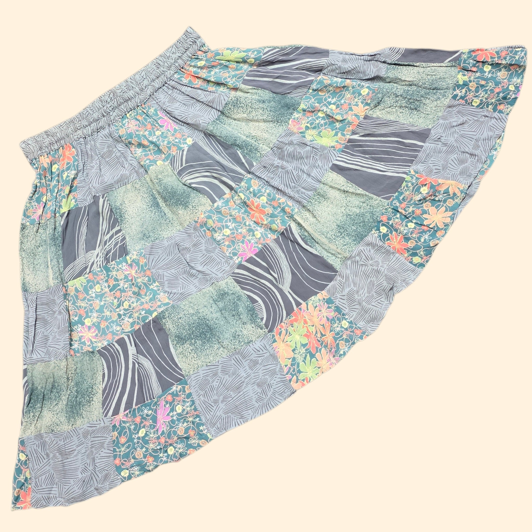 1990s Patchwork Rayon Midi Skirt ~ One Size Fits Most ~ Boho Hippie Festival