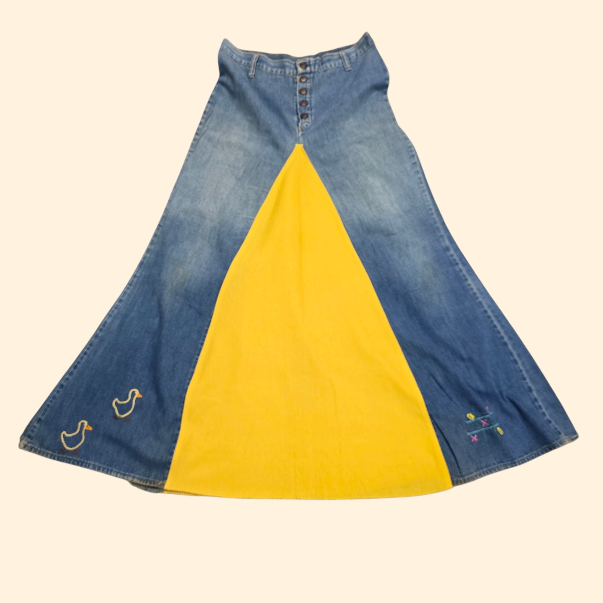 1970s Upcyled A-Line Maxi Jean Skirt with Chain Stitch Embrodery ~ Small / Medium