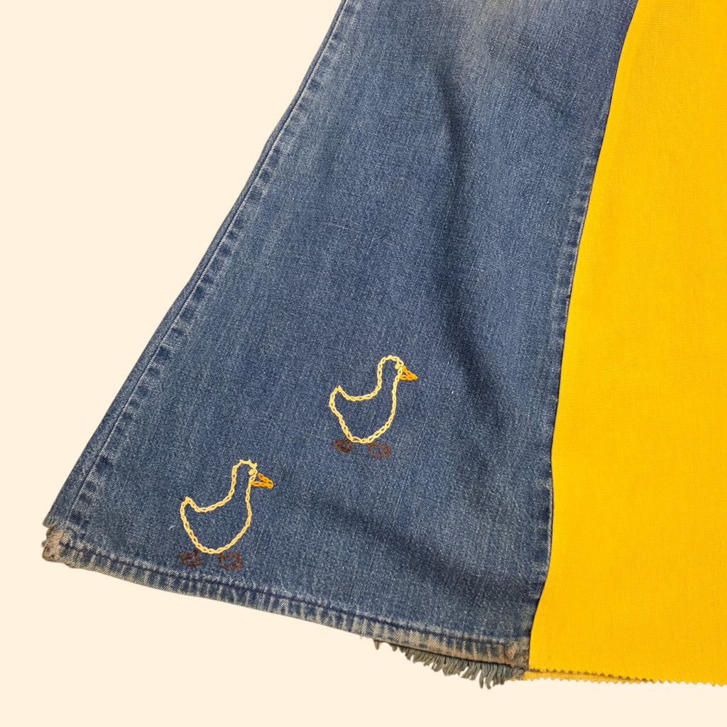 1970s Upcyled A-Line Maxi Jean Skirt with Chain Stitch Embrodery ~ Small / Medium