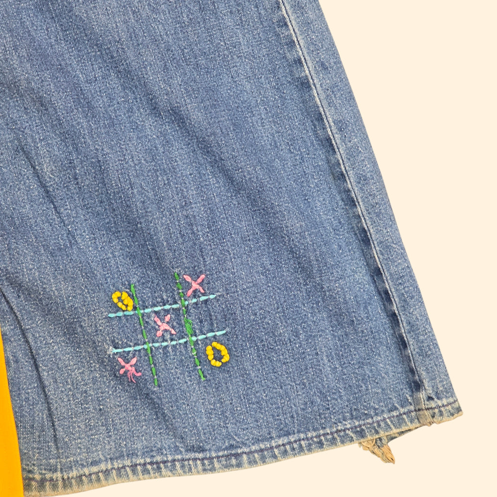 1970s Upcyled A-Line Maxi Jean Skirt with Chain Stitch Embrodery ~ Small / Medium