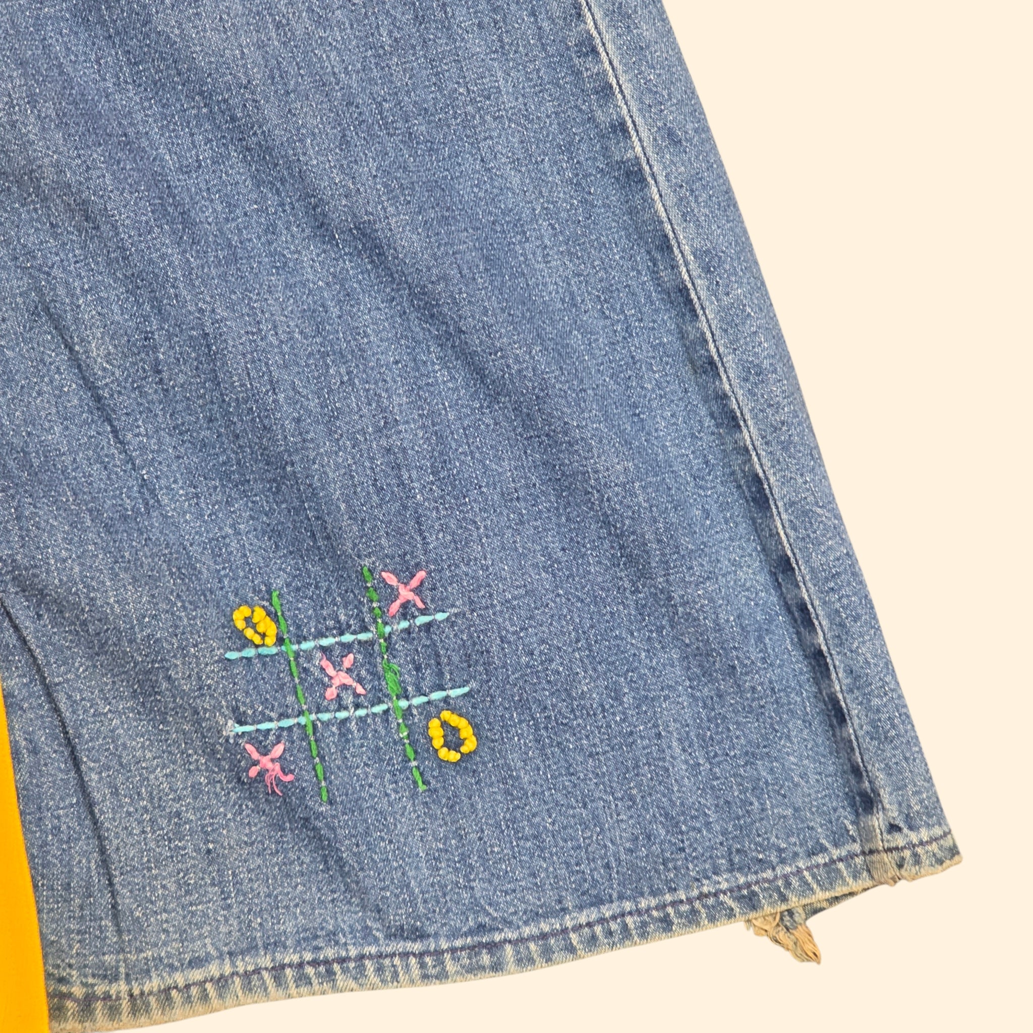 1970s Upcyled A-Line Maxi Jean Skirt with Chain Stitch Embrodery ~ Small / Medium