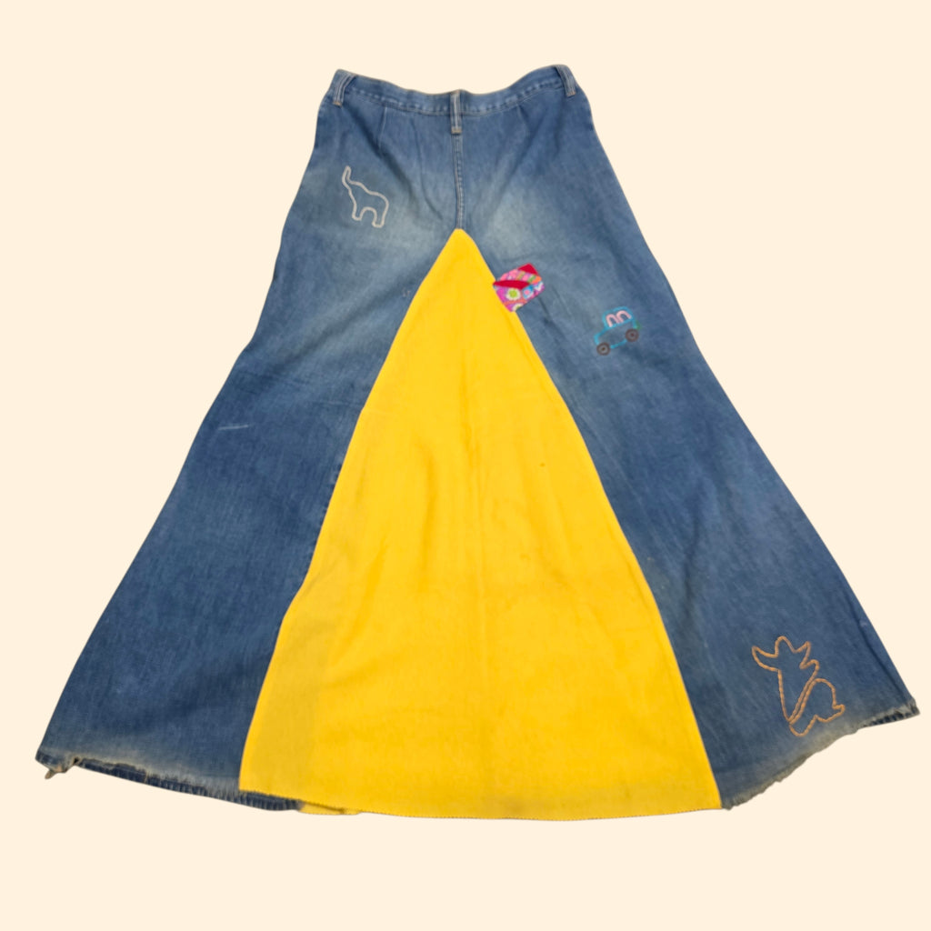 1970s Upcyled A-Line Maxi Jean Skirt with Chain Stitch Embrodery ~ Small / Medium