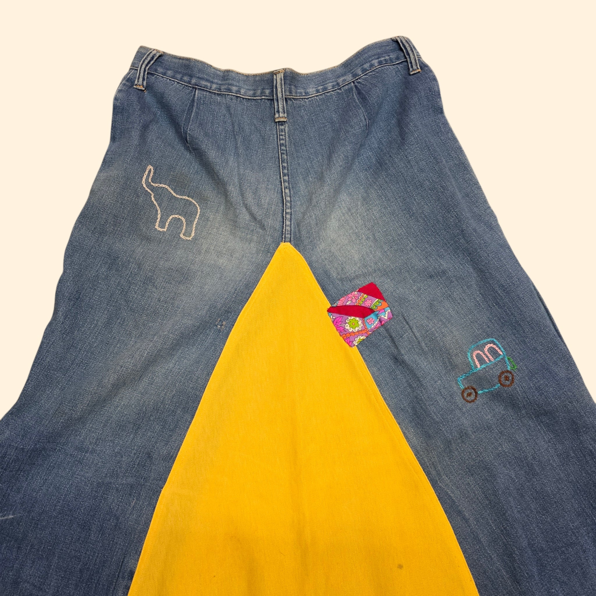1970s Upcyled A-Line Maxi Jean Skirt with Chain Stitch Embrodery ~ Small / Medium