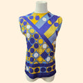 1960s Sleeveless Mod Op Art Geometric Print Top ~ Medium Large ~ Navy Blue Yellow Polka Dot