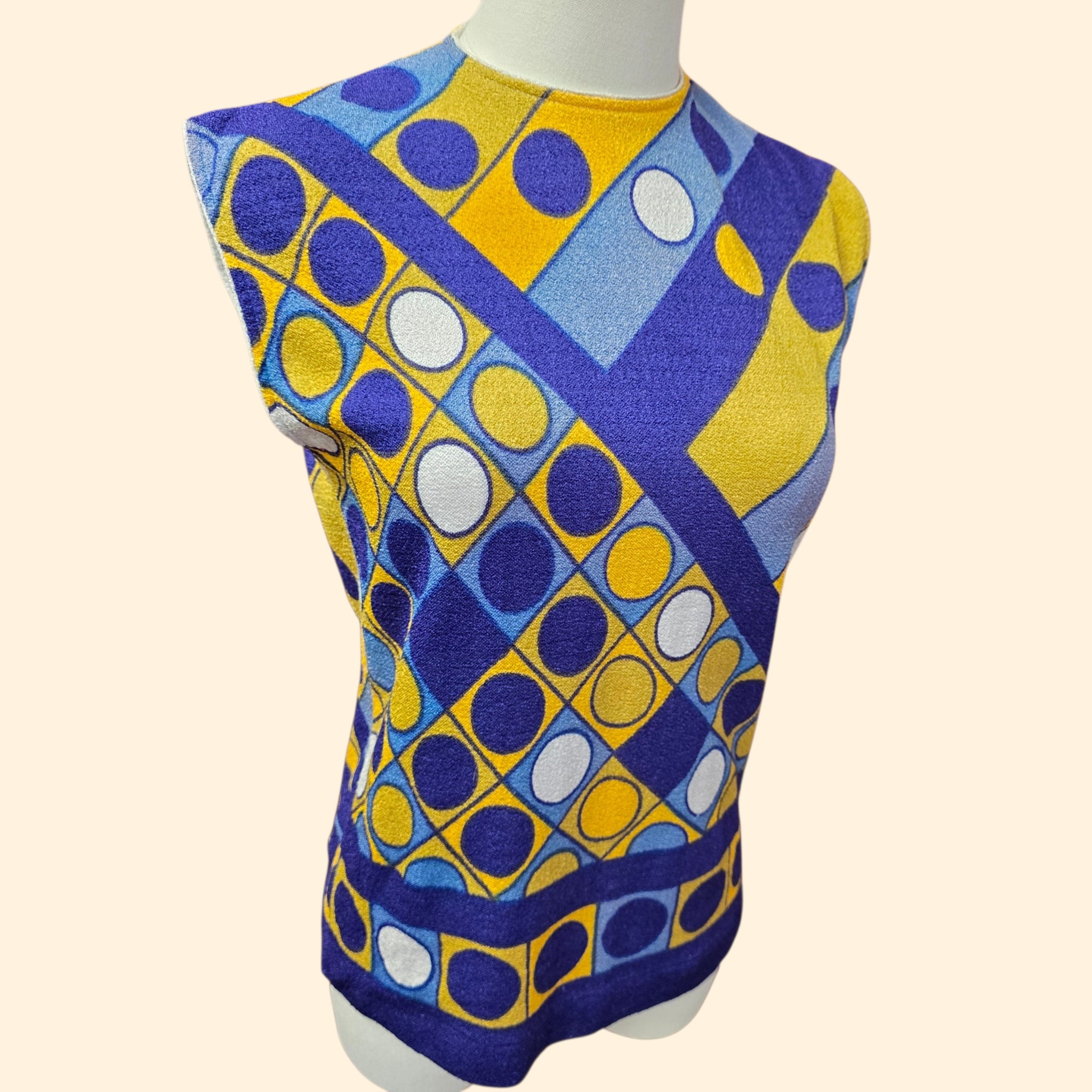 1960s Sleeveless Mod Op Art Geometric Print Top ~ Medium Large ~ Navy Blue Yellow Polka Dot