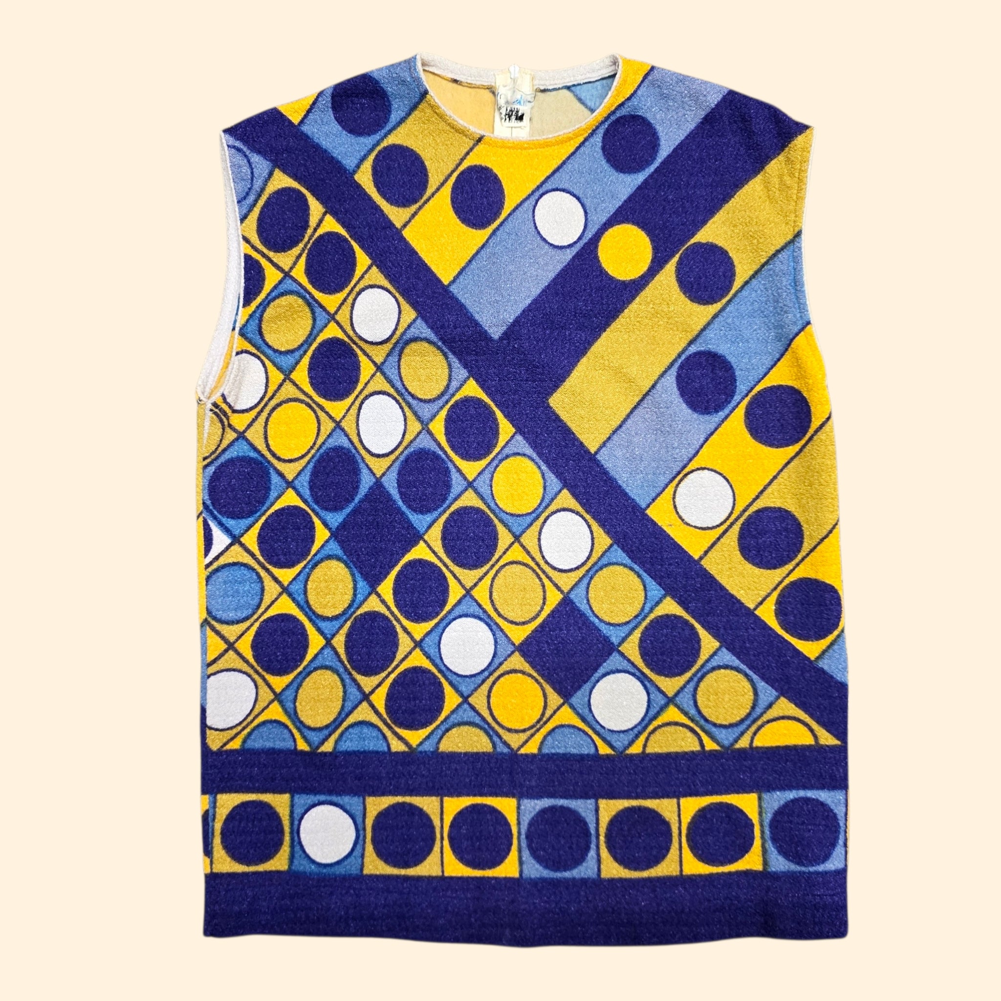 1960s Sleeveless Mod Op Art Geometric Print Top ~ Medium Large ~ Navy Blue Yellow Polka Dot
