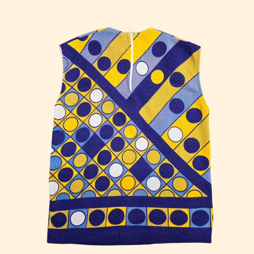 1960s Sleeveless Mod Op Art Geometric Print Top ~ Medium Large ~ Navy Blue Yellow Polka Dot