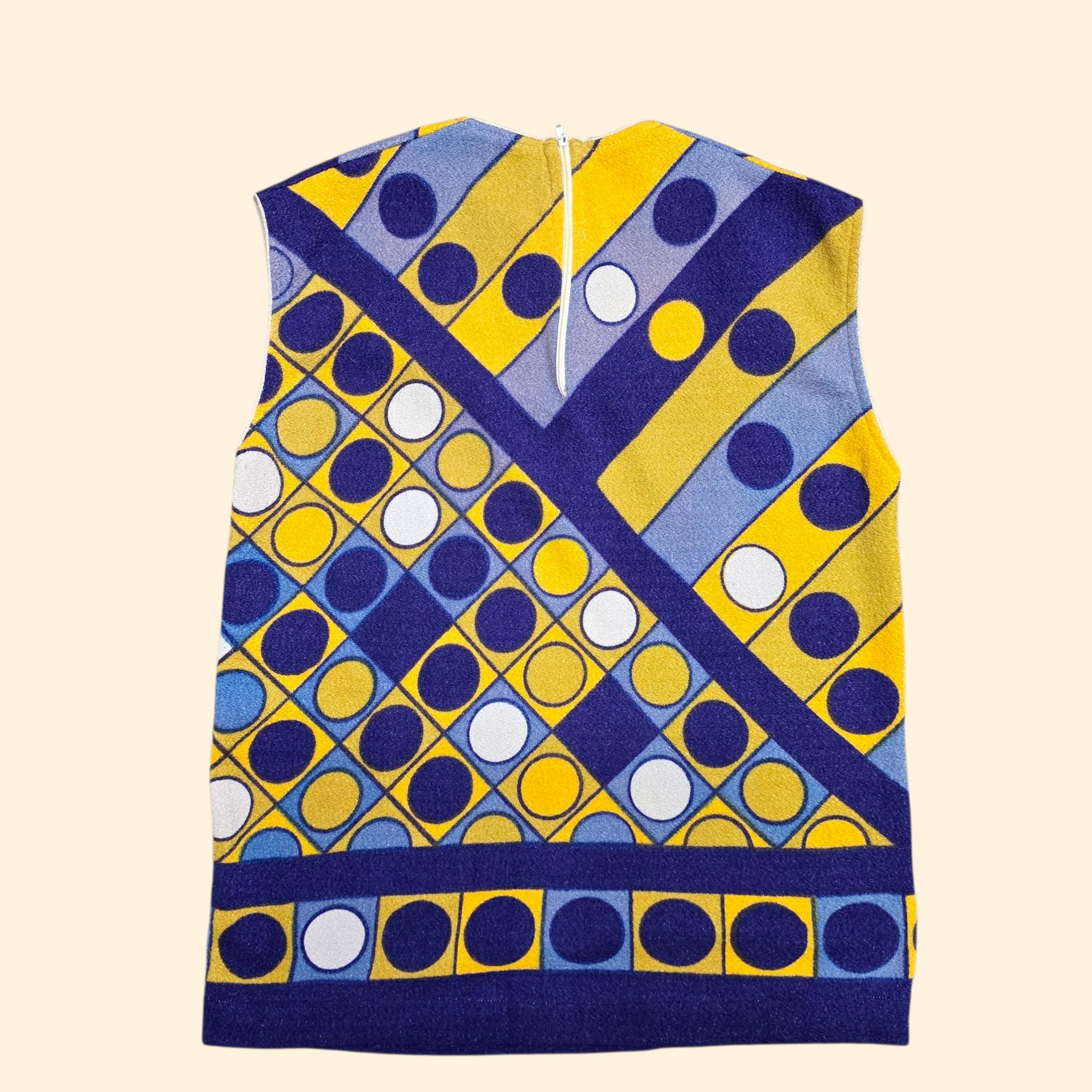 1960s Sleeveless Mod Op Art Geometric Print Top ~ Medium Large ~ Navy Blue Yellow Polka Dot