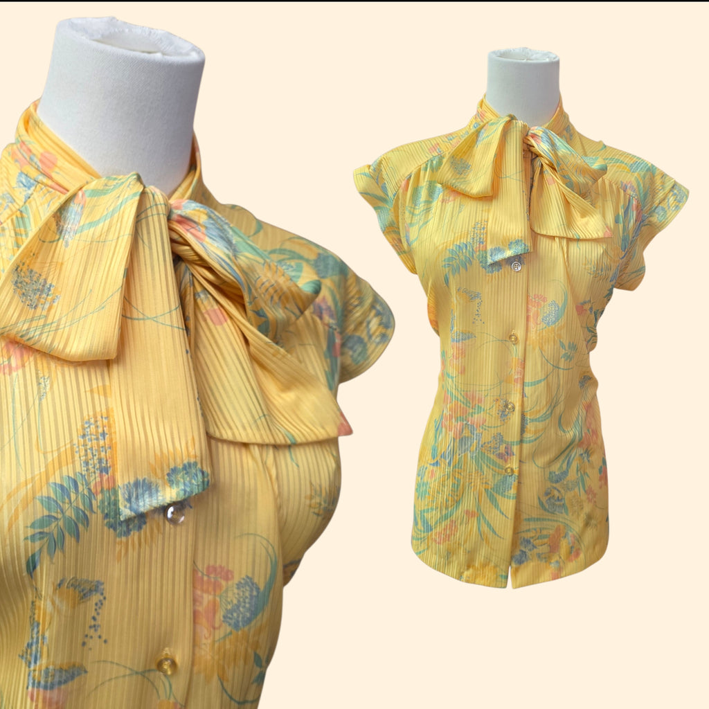 1970s Yellow Pastel Floral and Butterfly Cap Sleeve Pussy Bow Blouse ~ Medium Large