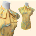 1970s Yellow Pastel Floral and Butterfly Cap Sleeve Pussy Bow Blouse ~ Medium Large
