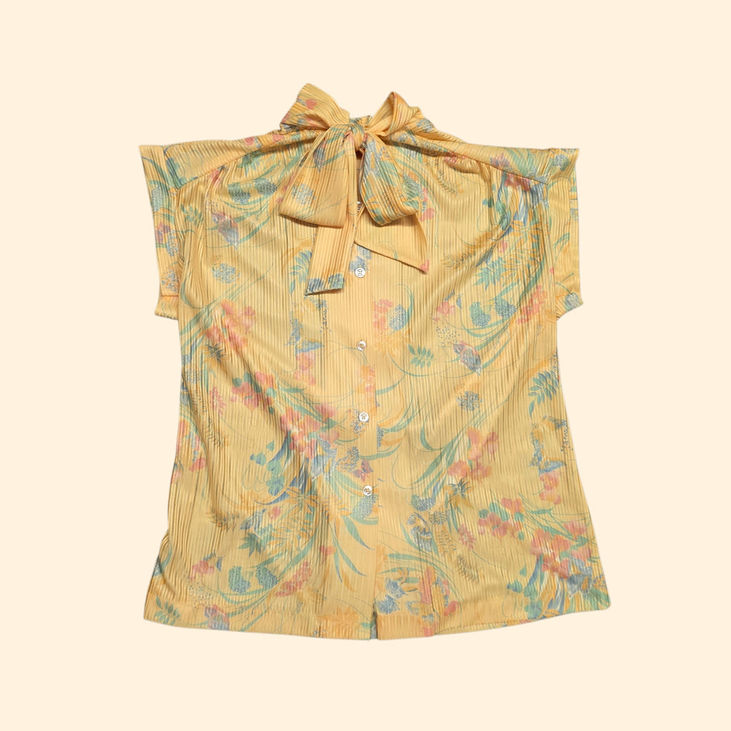 1970s Yellow Pastel Floral and Butterfly Cap Sleeve Pussy Bow Blouse ~ Medium Large
