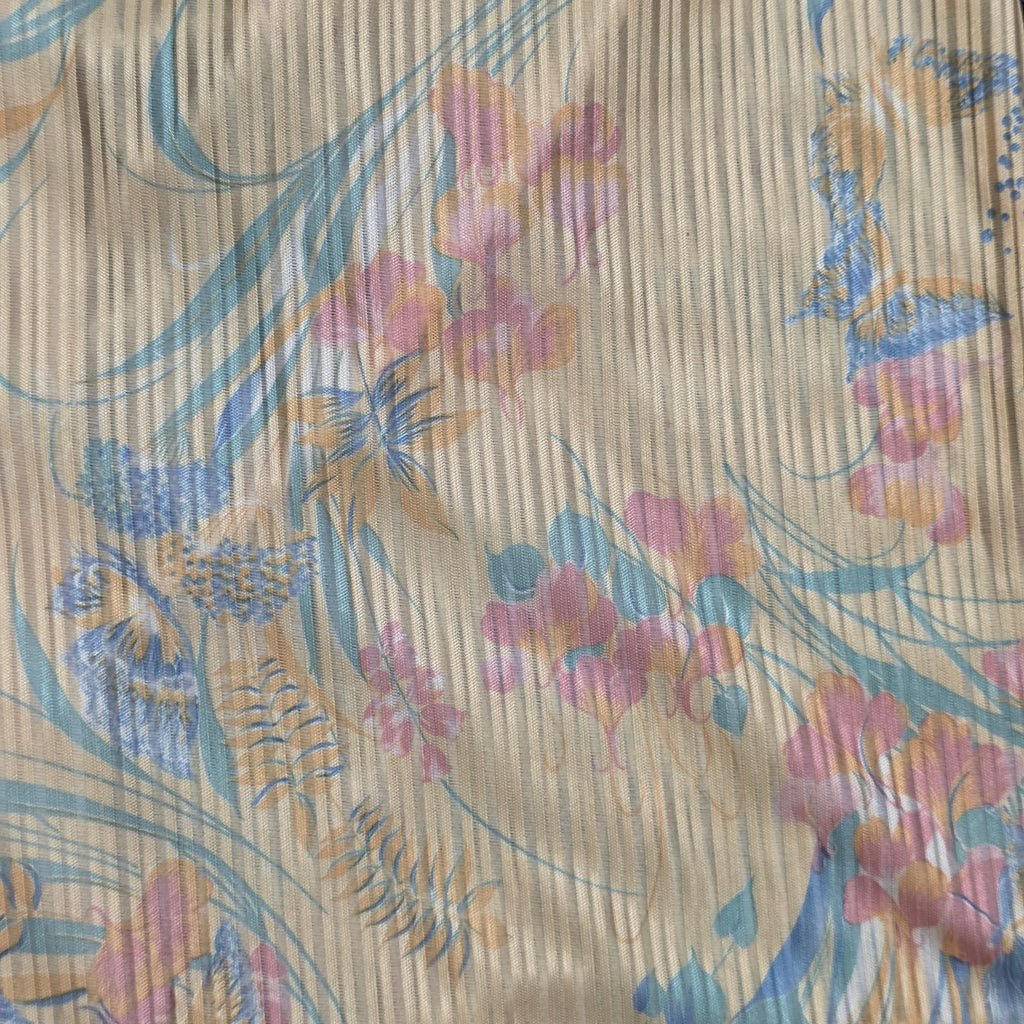 1970s Yellow Pastel Floral and Butterfly Cap Sleeve Pussy Bow Blouse ~ Medium Large