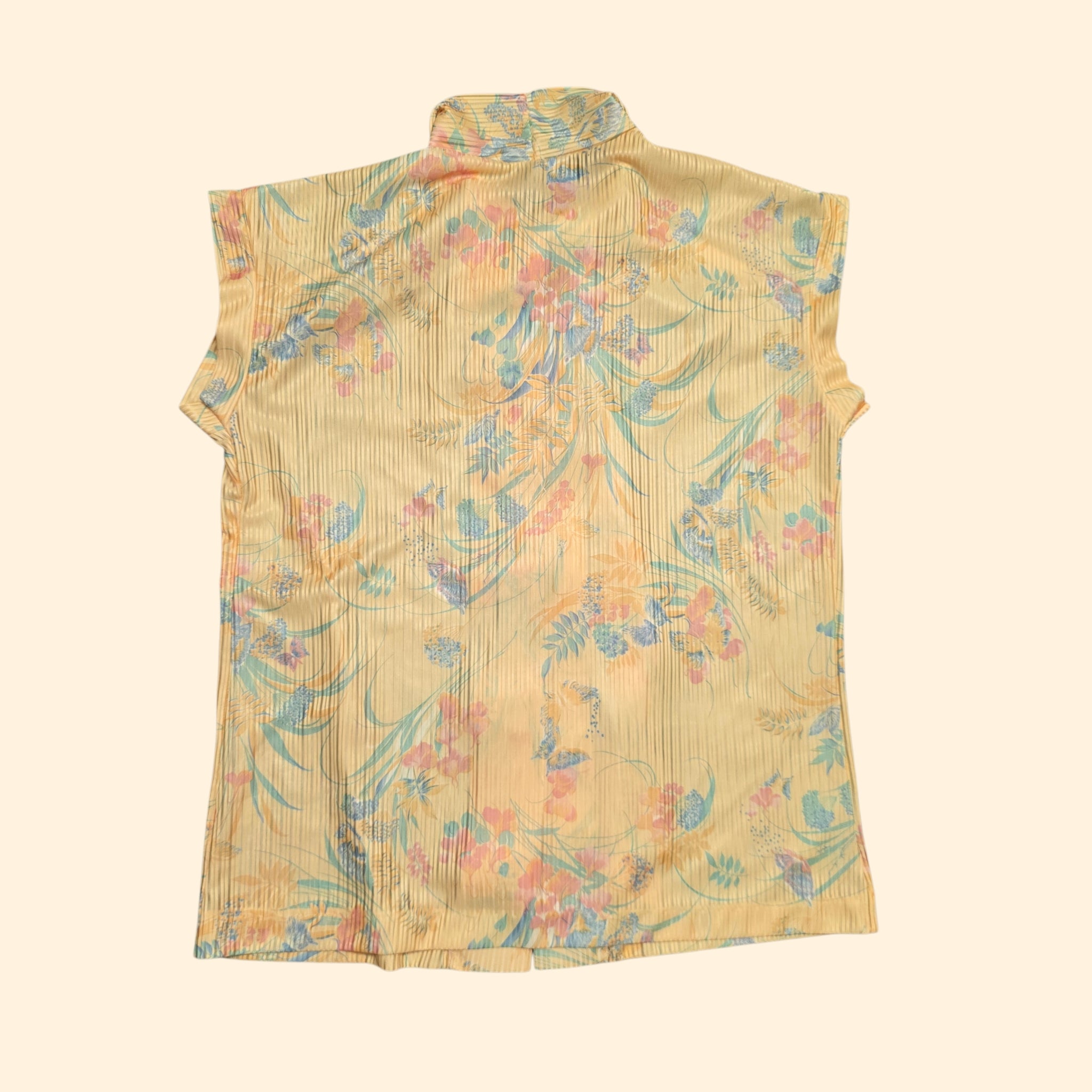 1970s Yellow Pastel Floral and Butterfly Cap Sleeve Pussy Bow Blouse ~ Medium Large