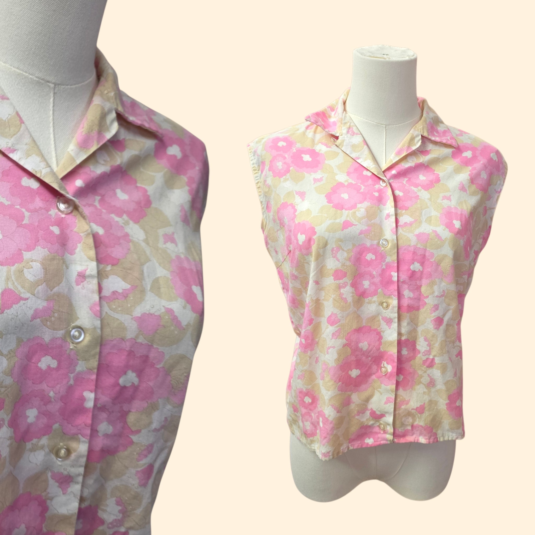 1960s Pink Floral Boxy Cut Sleeveless Blouse ~ Medium