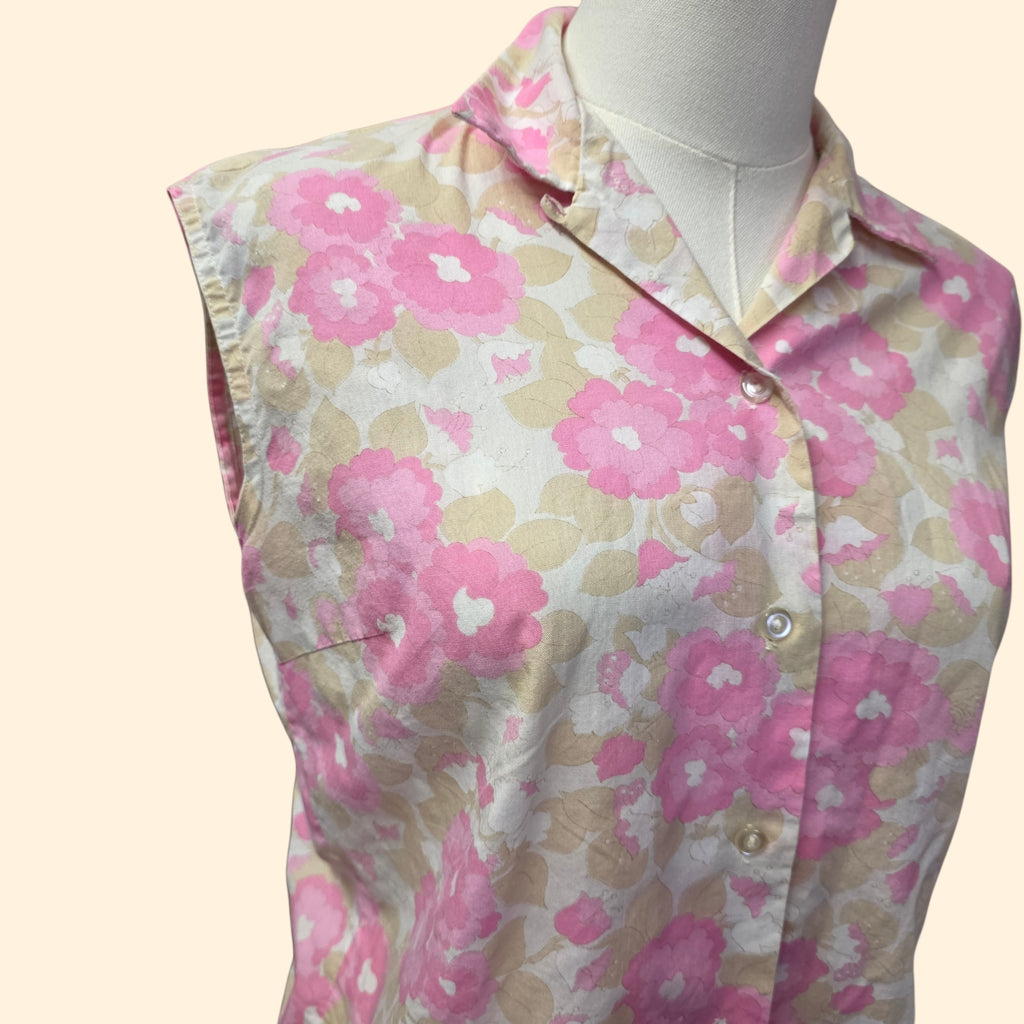 1960s Pink Floral Boxy Cut Sleeveless Blouse ~ Medium