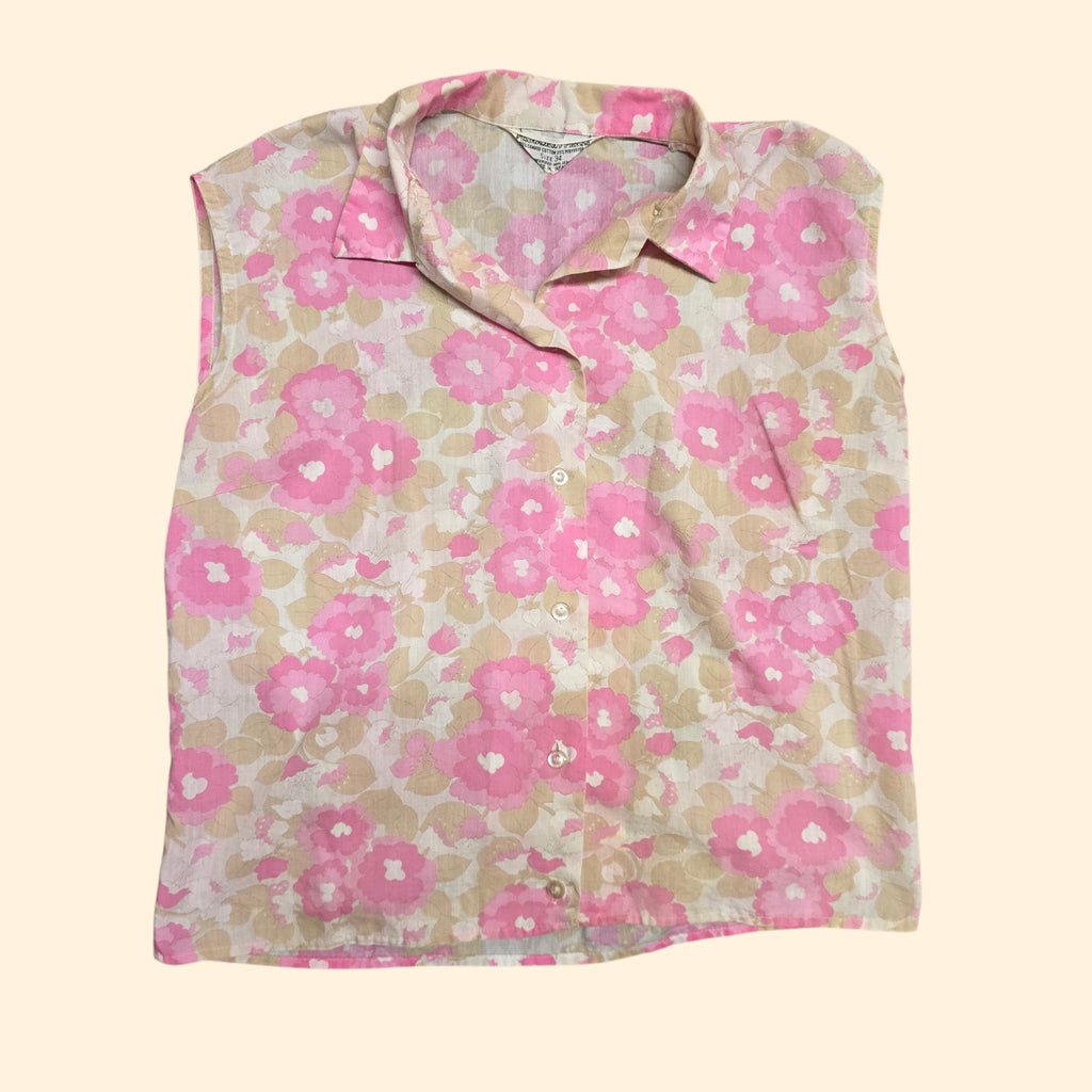 1960s Pink Floral Boxy Cut Sleeveless Blouse ~ Medium