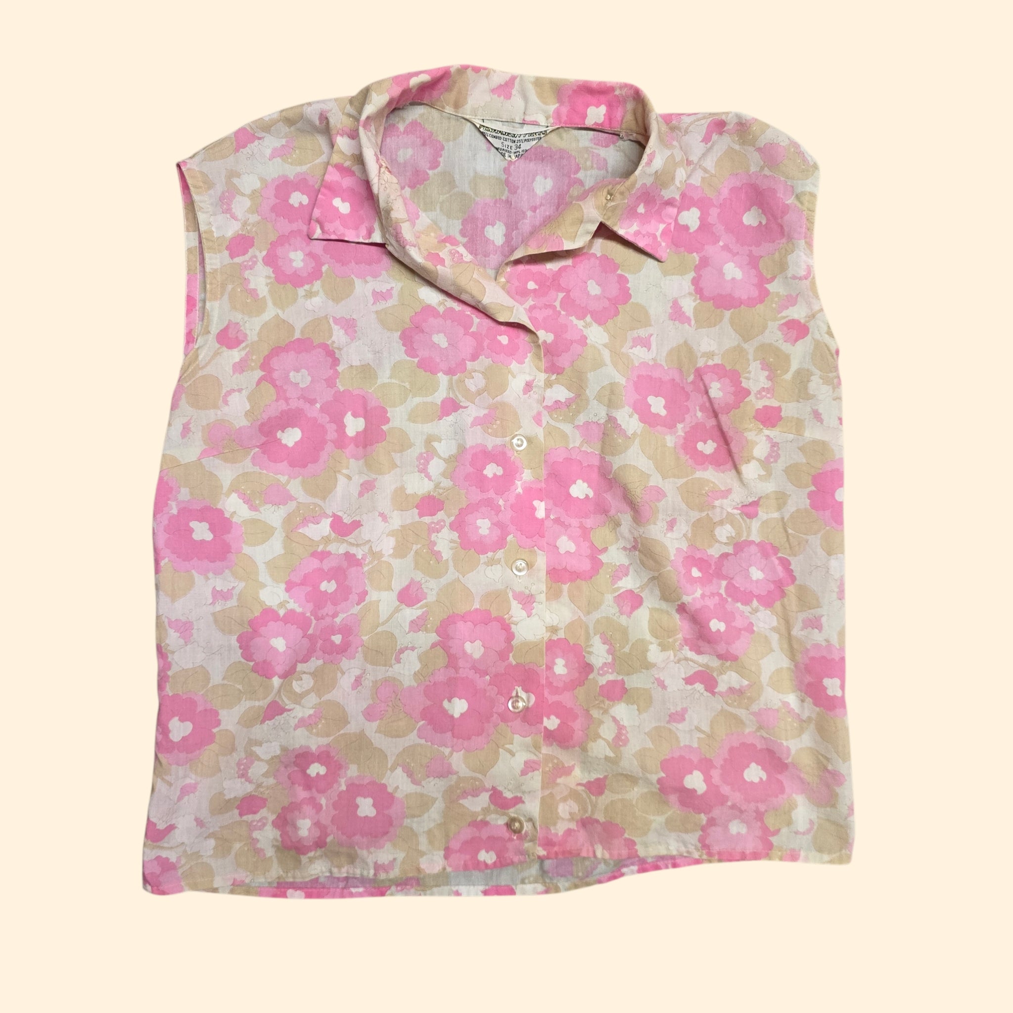 1960s Pink Floral Boxy Cut Sleeveless Blouse ~ Medium