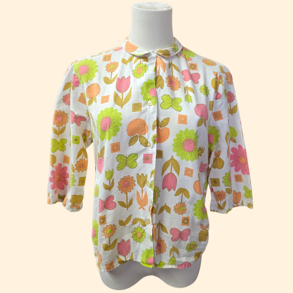 1960s Garden Print Button Down Blouse ~ Small Medium ~ Floral Butterfly Fruit