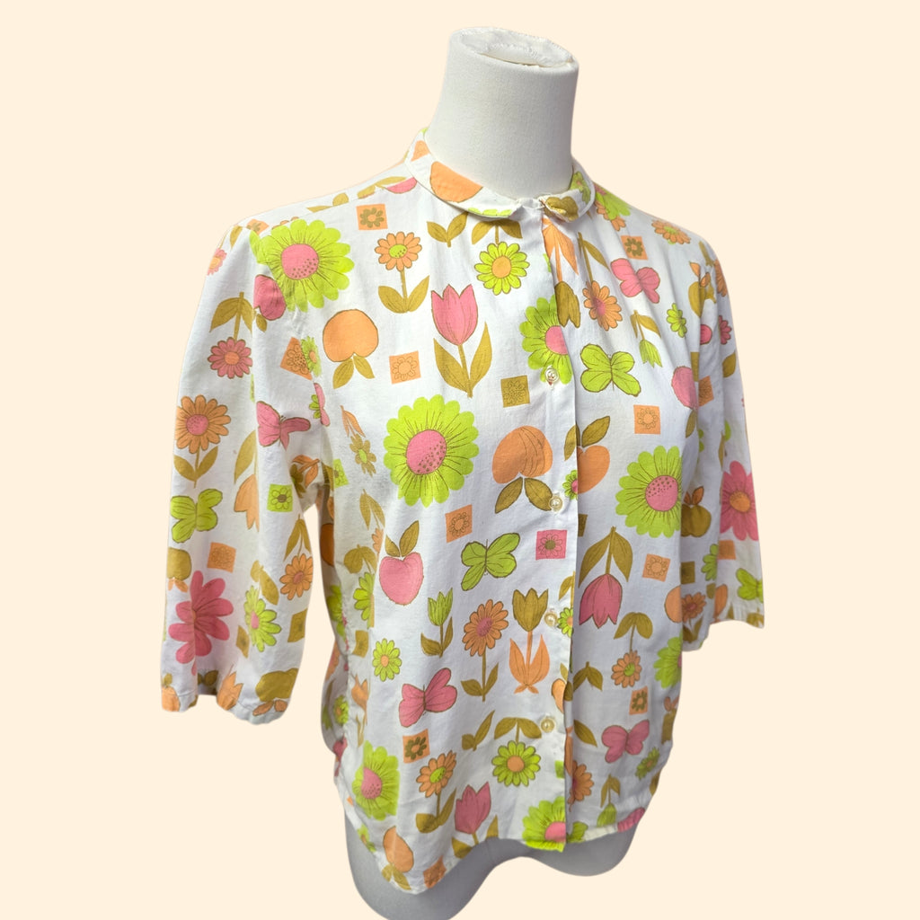 1960s Garden Print Button Down Blouse ~ Small Medium ~ Floral Butterfly Fruit