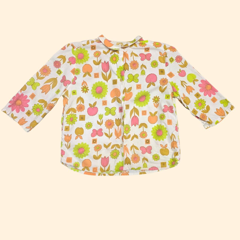 1960s Garden Print Button Down Blouse ~ Small Medium ~ Floral Butterfly Fruit
