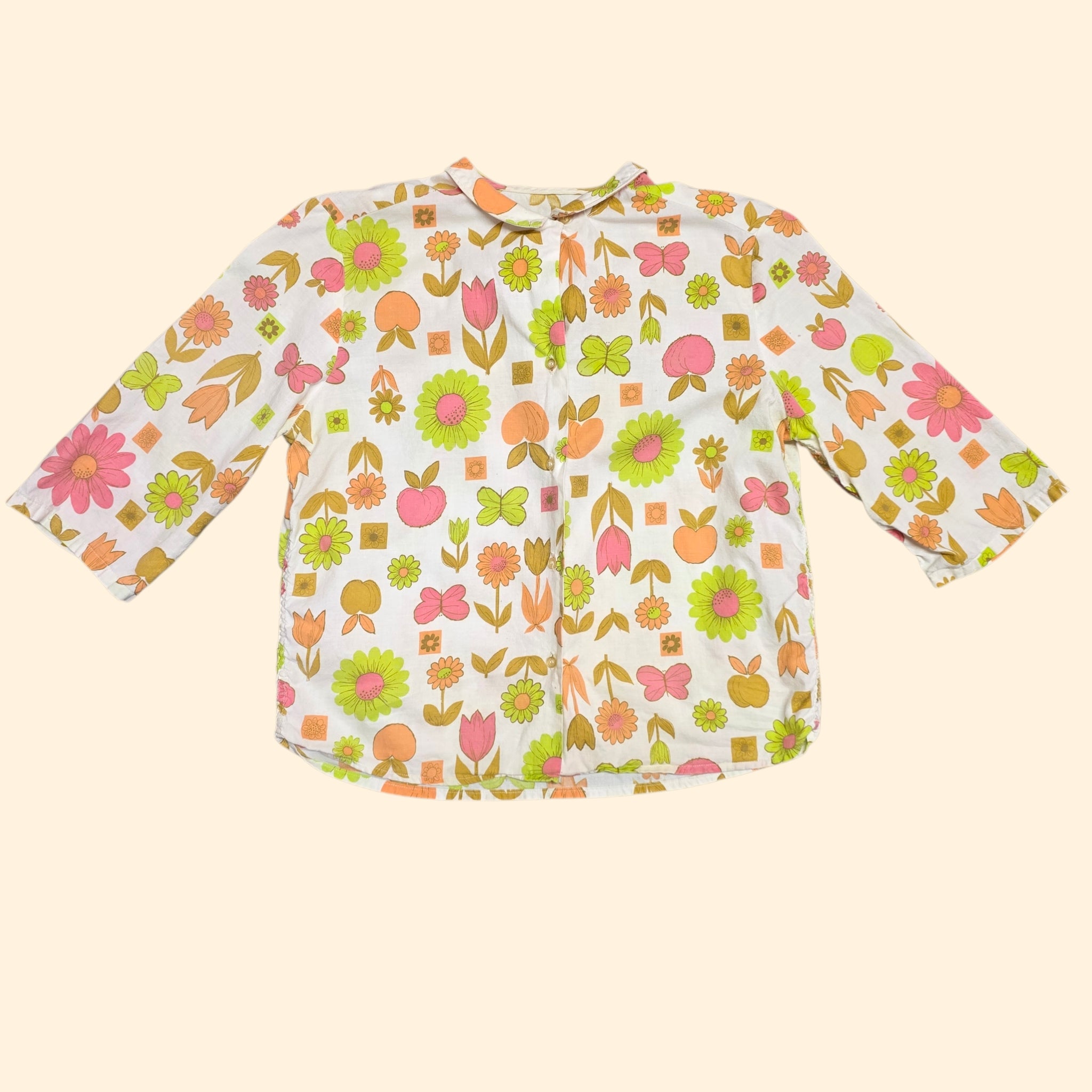 1960s Garden Print Button Down Blouse ~ Small Medium ~ Floral Butterfly Fruit