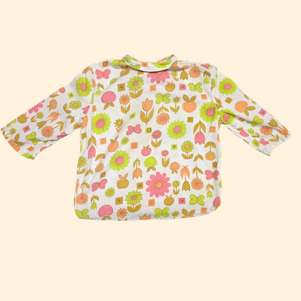 1960s Garden Print Button Down Blouse ~ Small Medium ~ Floral Butterfly Fruit