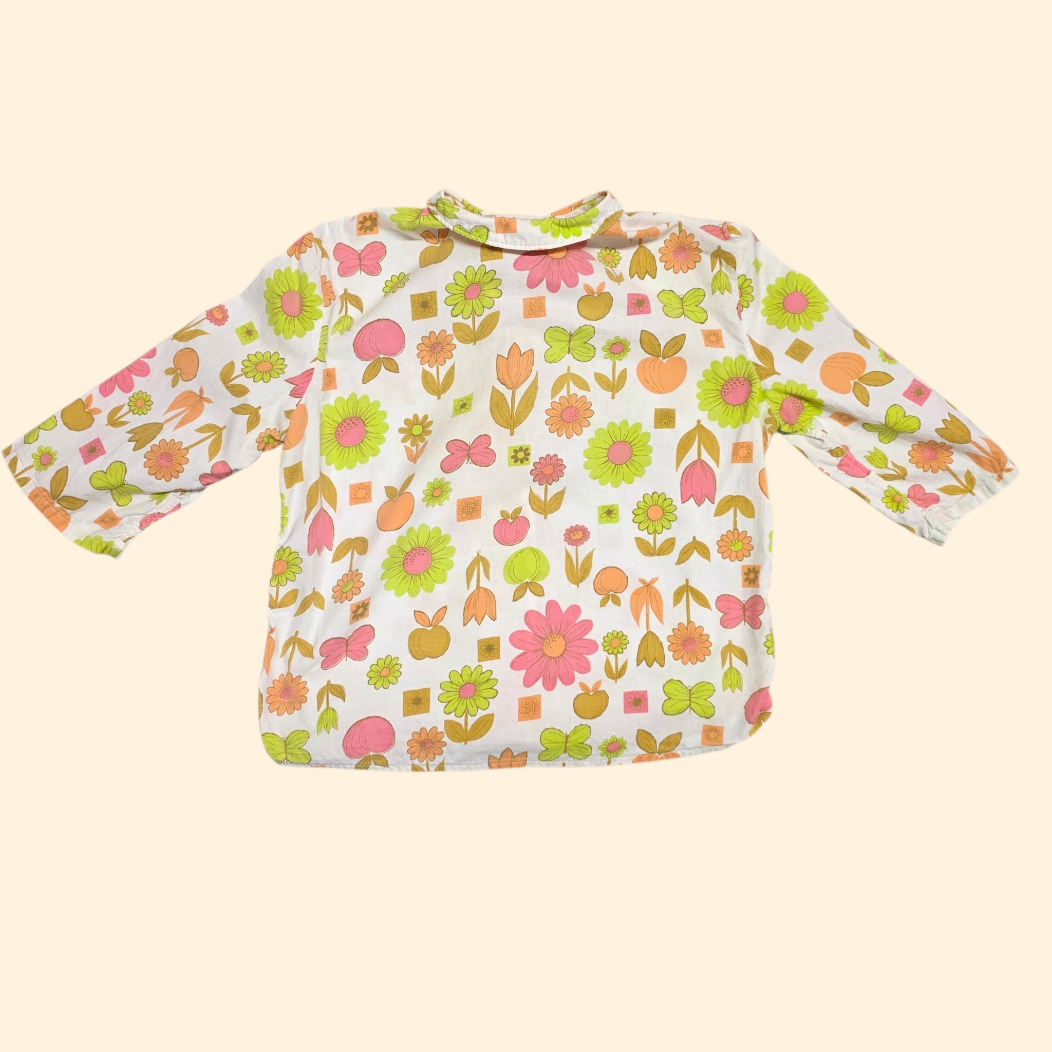 1960s Garden Print Button Down Blouse ~ Small Medium ~ Floral Butterfly Fruit