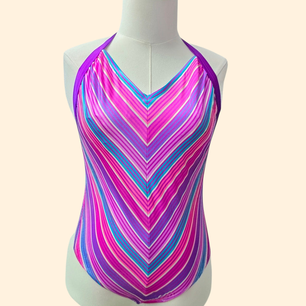 1980s Pink Chevron One Piece Swimsuit ~ Large