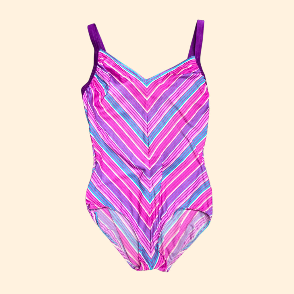 1980s Pink Chevron One Piece Swimsuit ~ Large