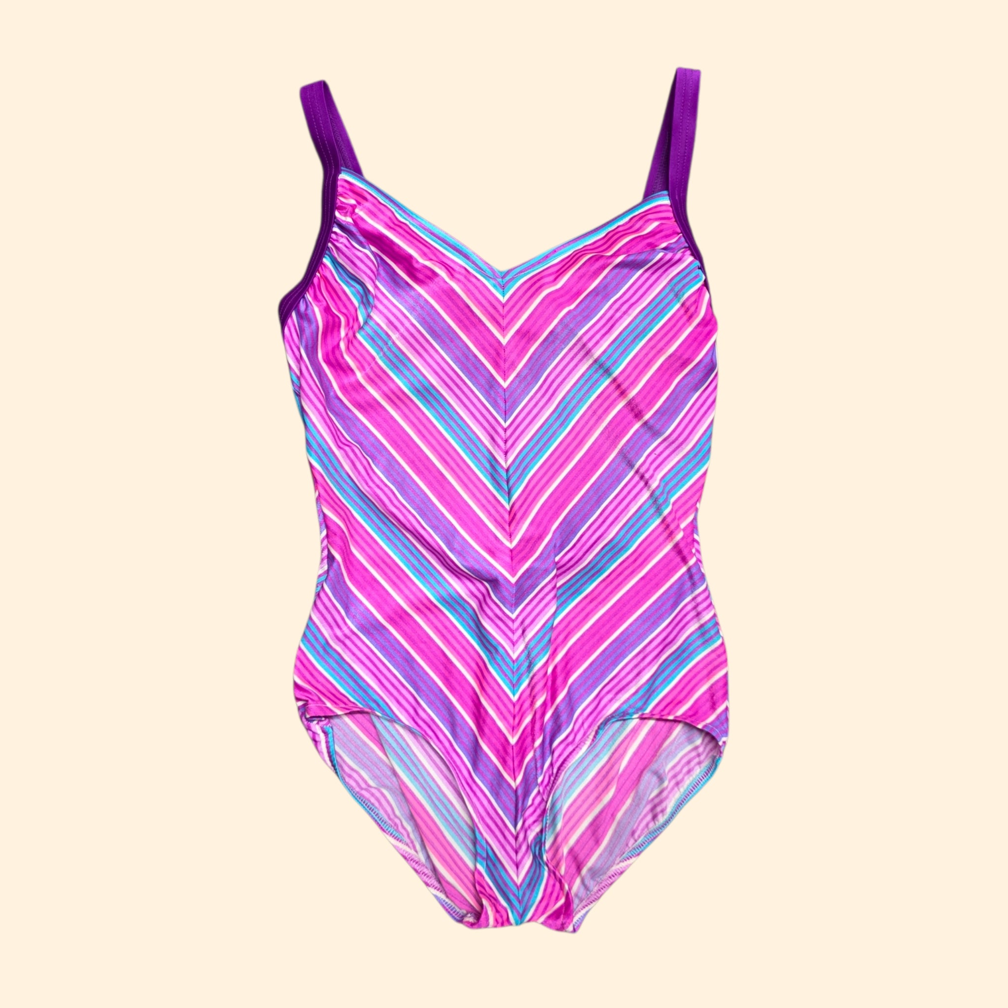 1980s Pink Chevron One Piece Swimsuit ~ Large