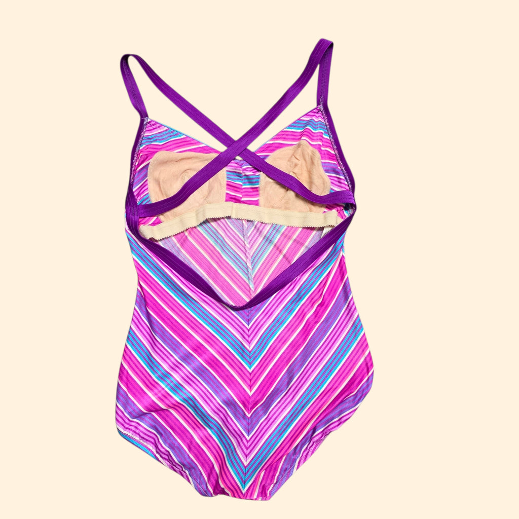 1980s Pink Chevron One Piece Swimsuit ~ Large