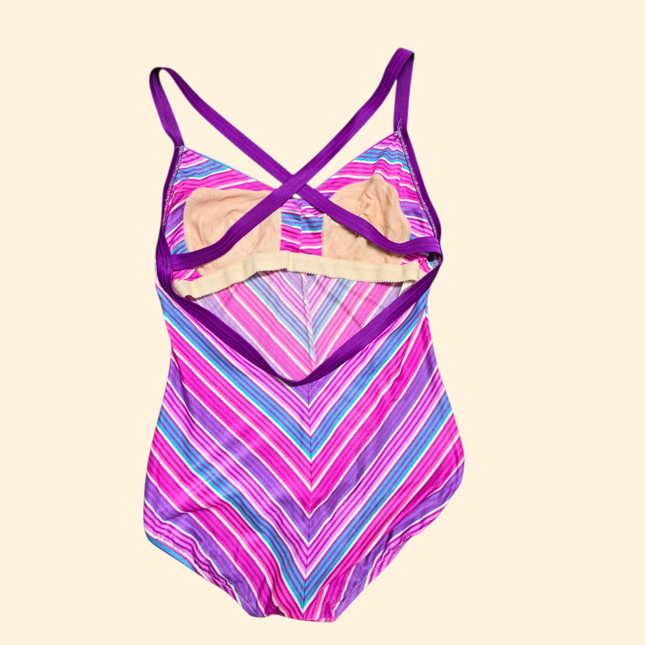 1980s Pink Chevron One Piece Swimsuit ~ Large