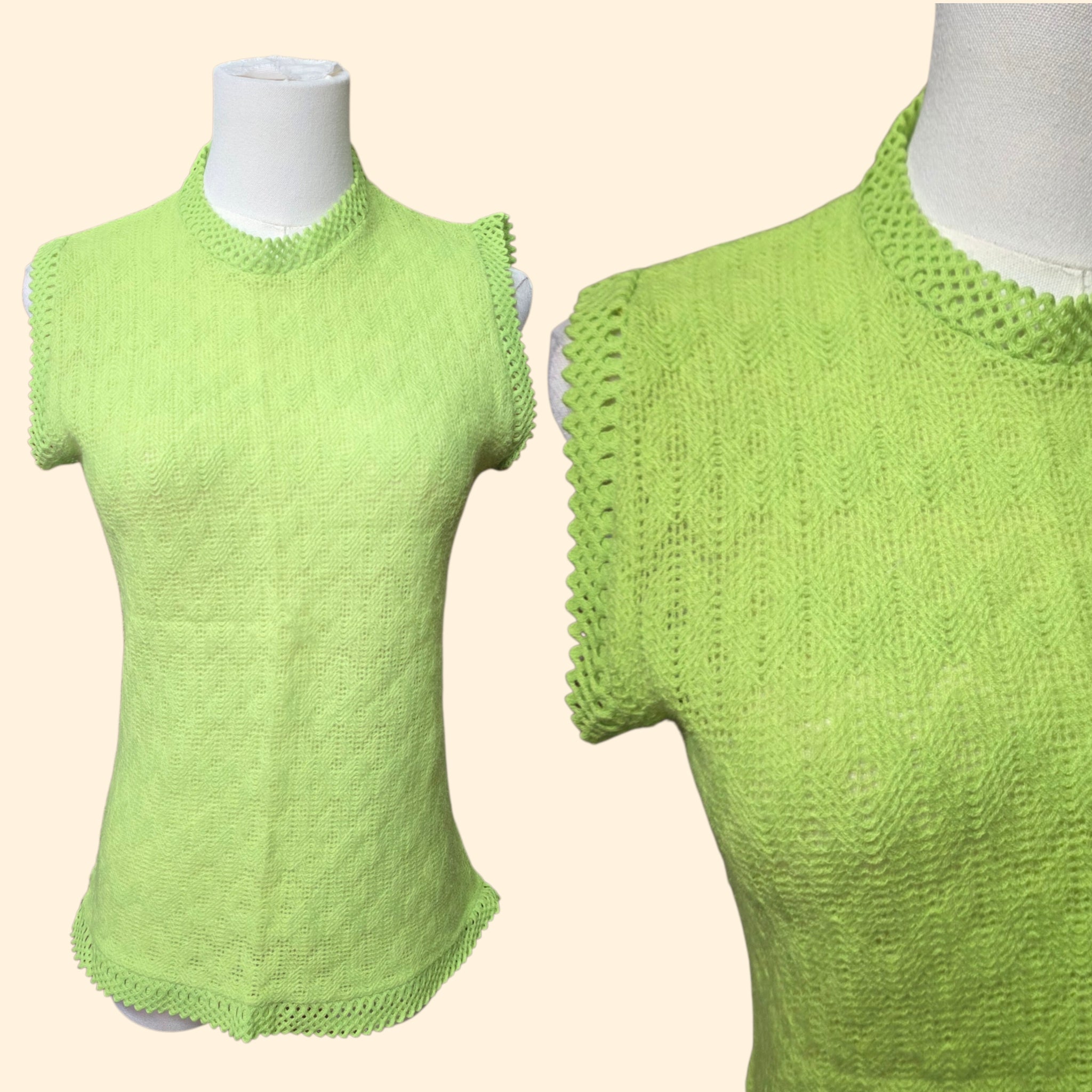 1960s Chartreuse Chevron Knit Sleeveless Top ~ Small Medium ~ Neon Green Sweater Tank