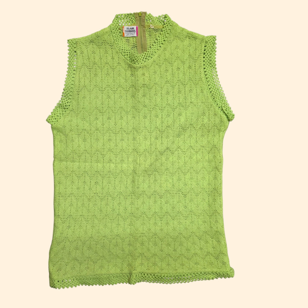 1960s Chartreuse Chevron Knit Sleeveless Top ~ Small Medium ~ Neon Green Sweater Tank
