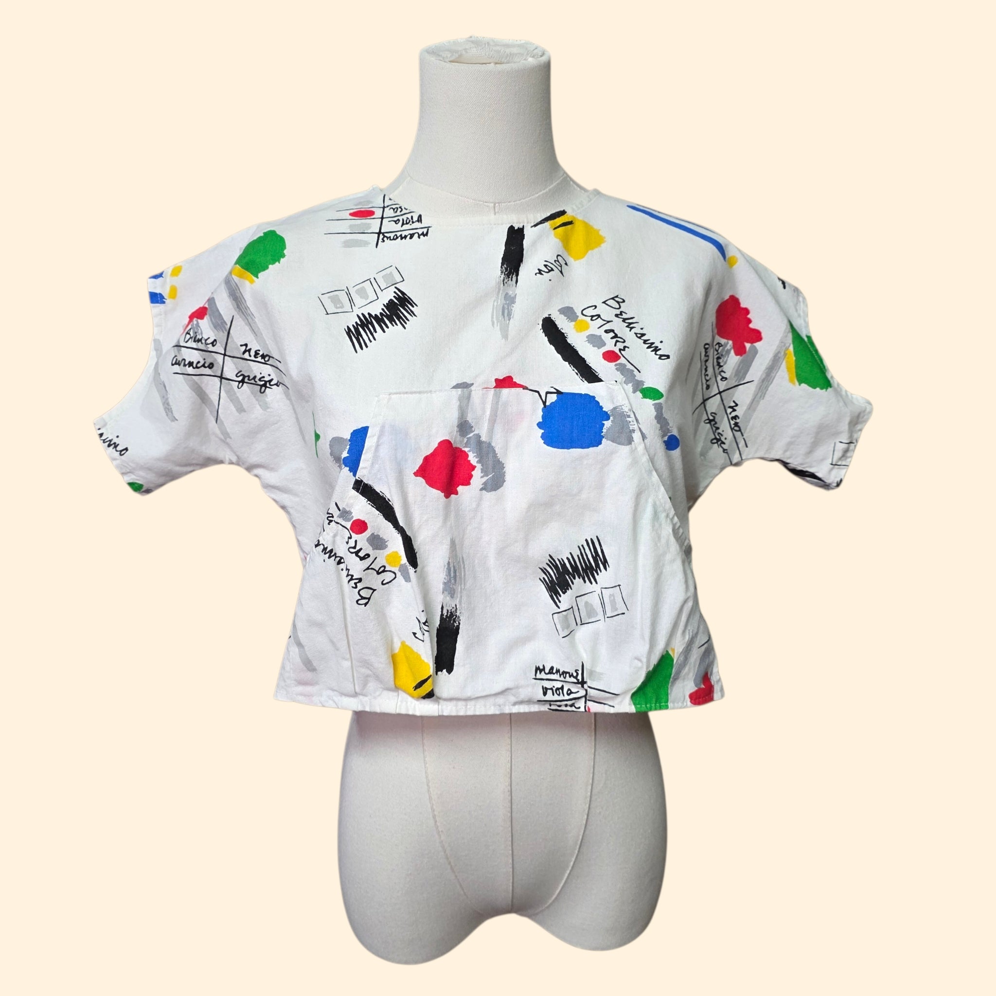 1980s Crazy Print Crop Top ~ Small Medium ~ Primary Colors
