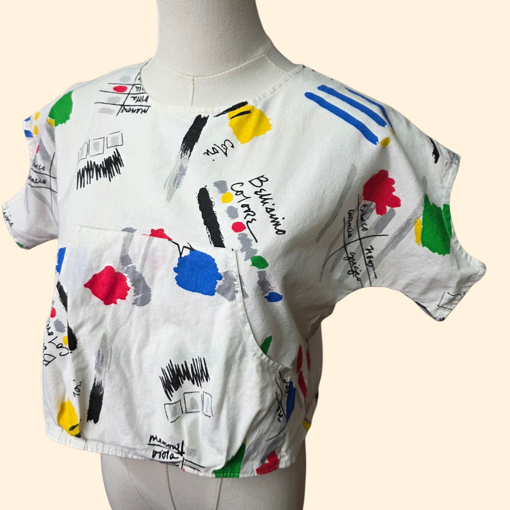 1980s Crazy Print Crop Top ~ Small Medium ~ Primary Colors