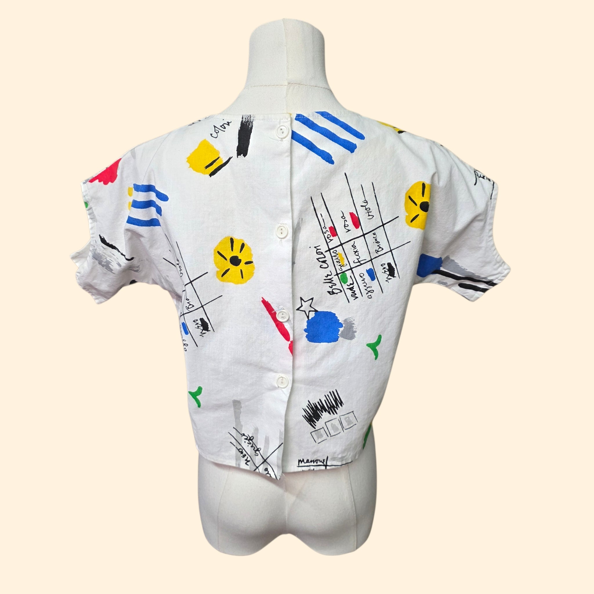 1980s Crazy Print Crop Top ~ Small Medium ~ Primary Colors