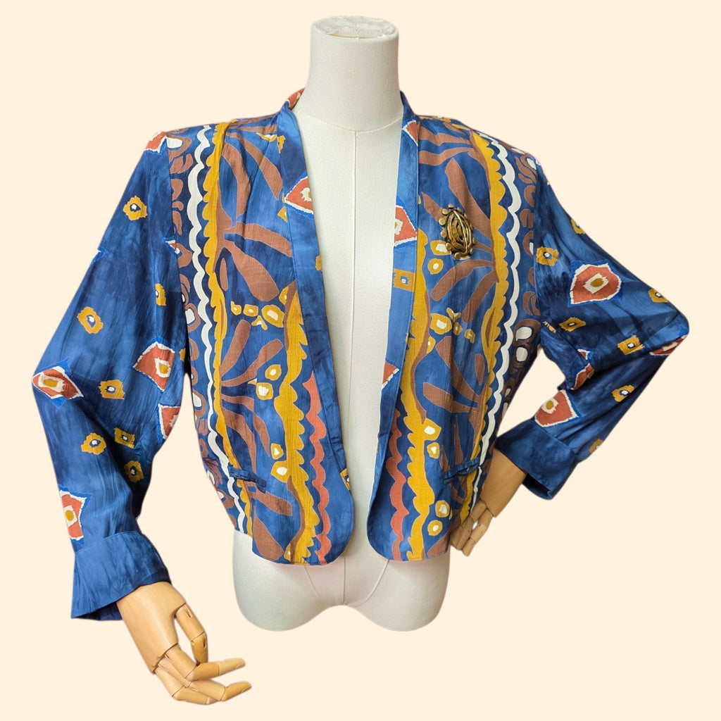 1990s Tribal Print Cropped Buttonless Batik Blazer ~ Medium Large