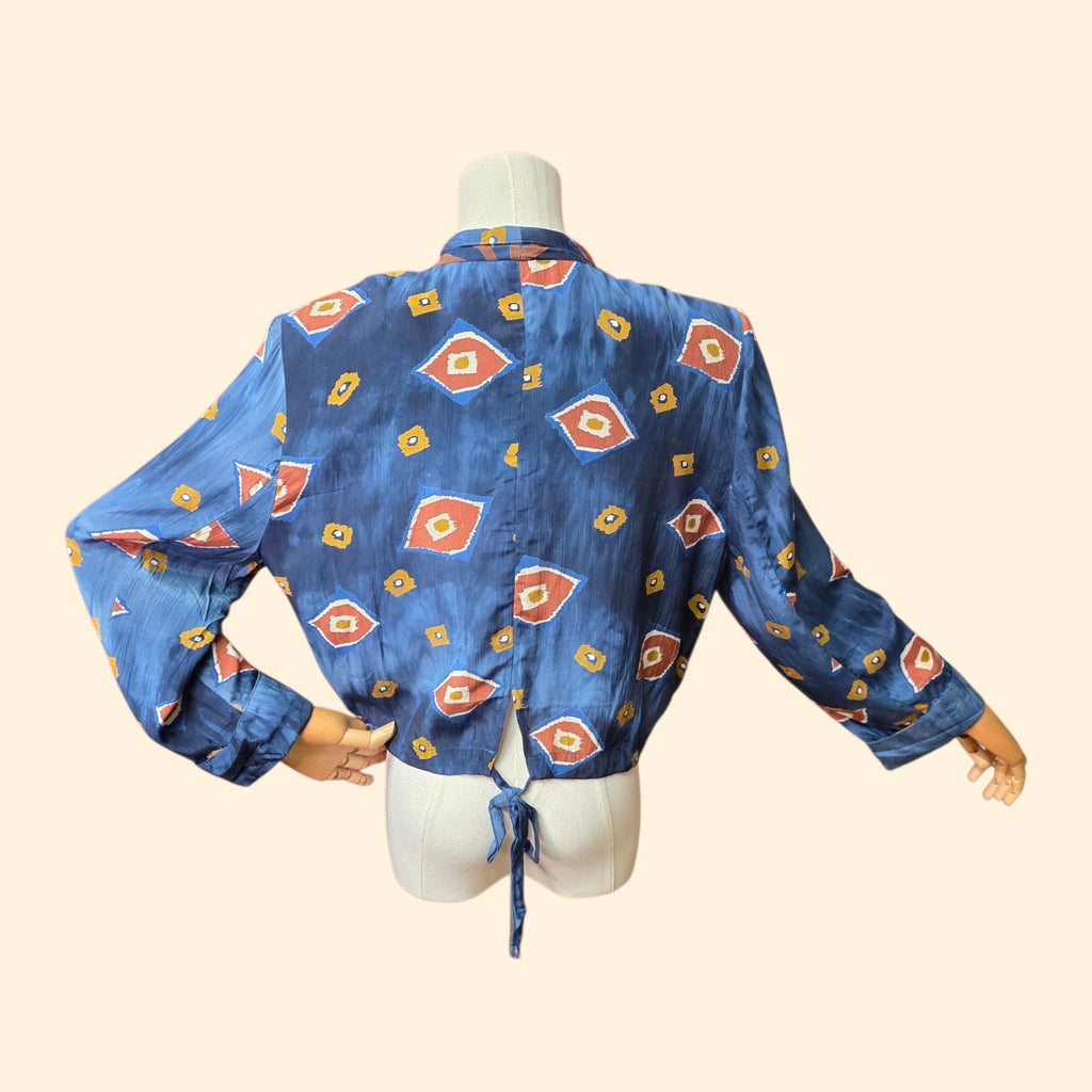 1990s Tribal Print Cropped Buttonless Batik Blazer ~ Medium Large