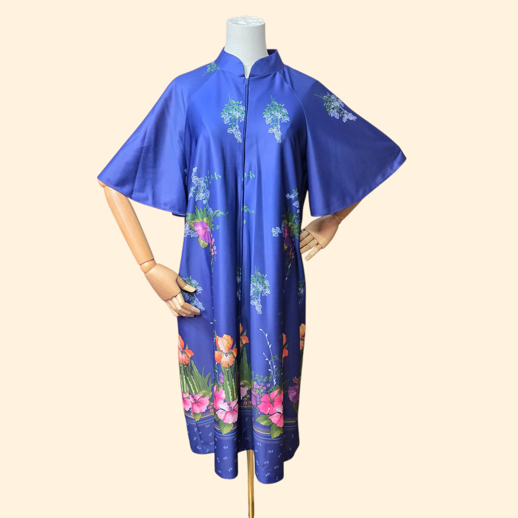 1970s Blue Floral Bell Sleeve House Dress ~ Medium Large ~ Nightgown Mumu