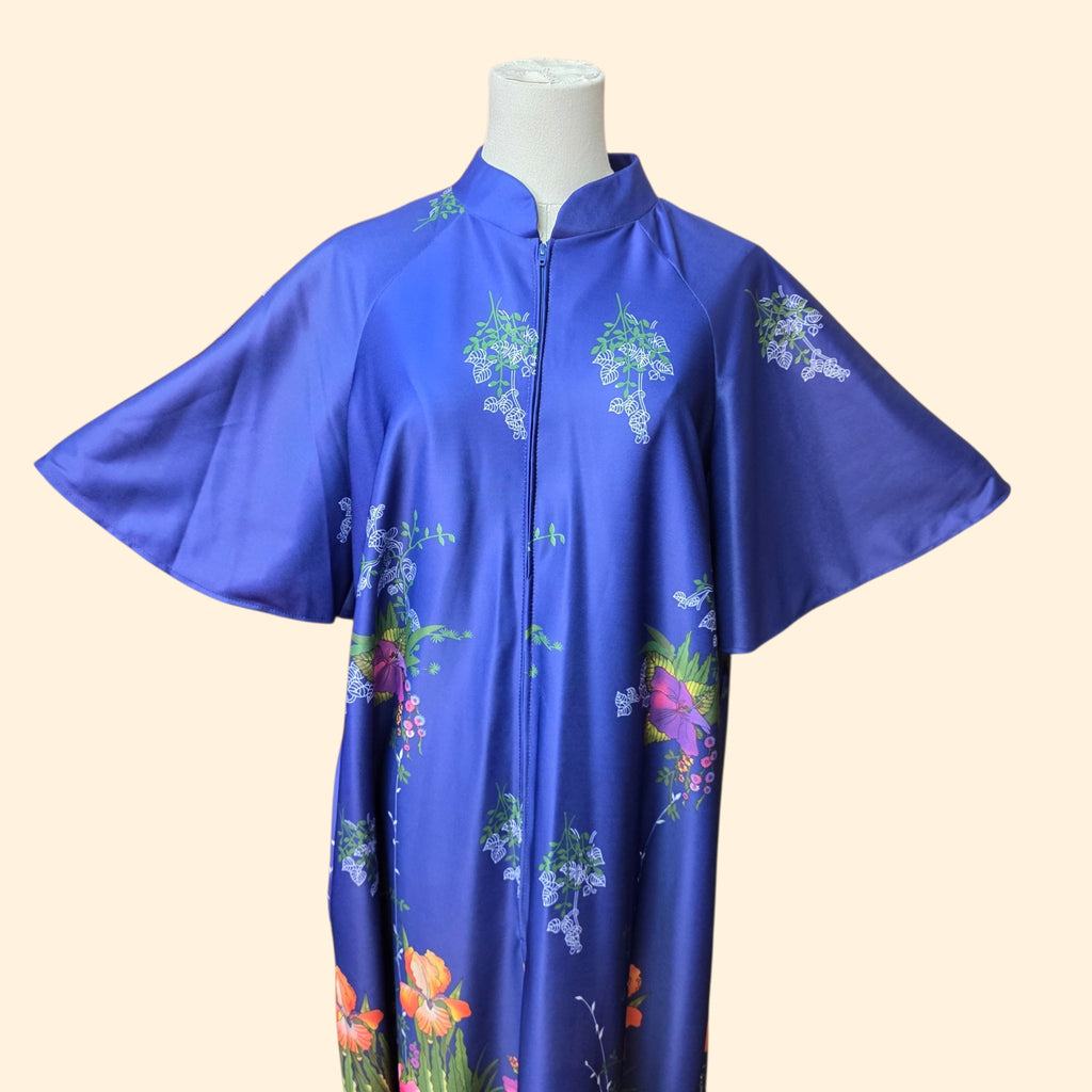 1970s Blue Floral Bell Sleeve House Dress ~ Medium Large ~ Nightgown Mumu