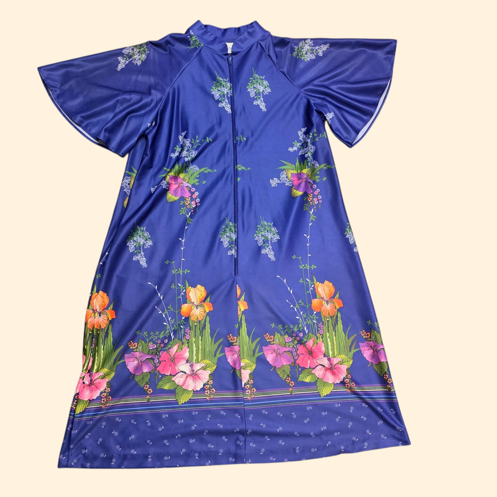 1970s Blue Floral Bell Sleeve House Dress ~ Medium Large ~ Nightgown Mumu
